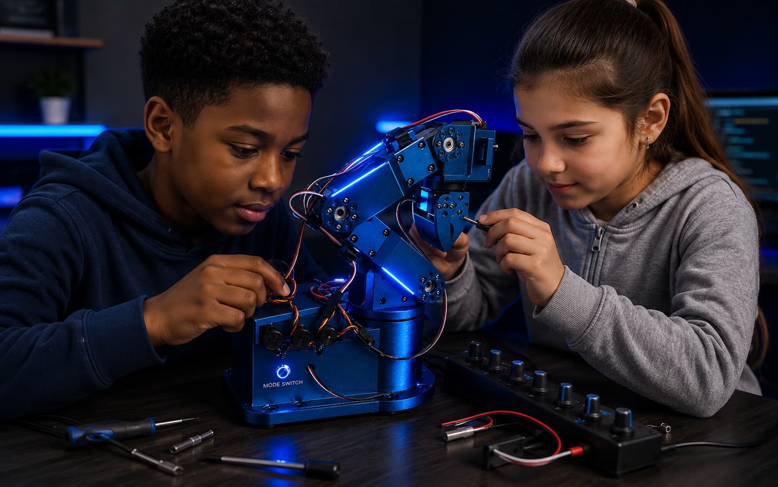 Two users wiring up a blue robotic arm together at a Nuel's Lab workbench